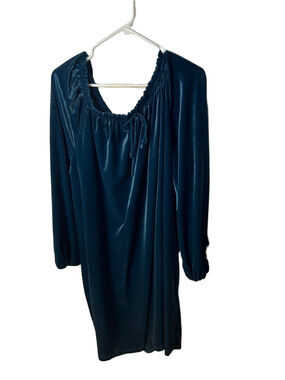 Vintage Lane Bryant Women's Teal Velvet Peasant Long Sleeve Dress with Tie Neck